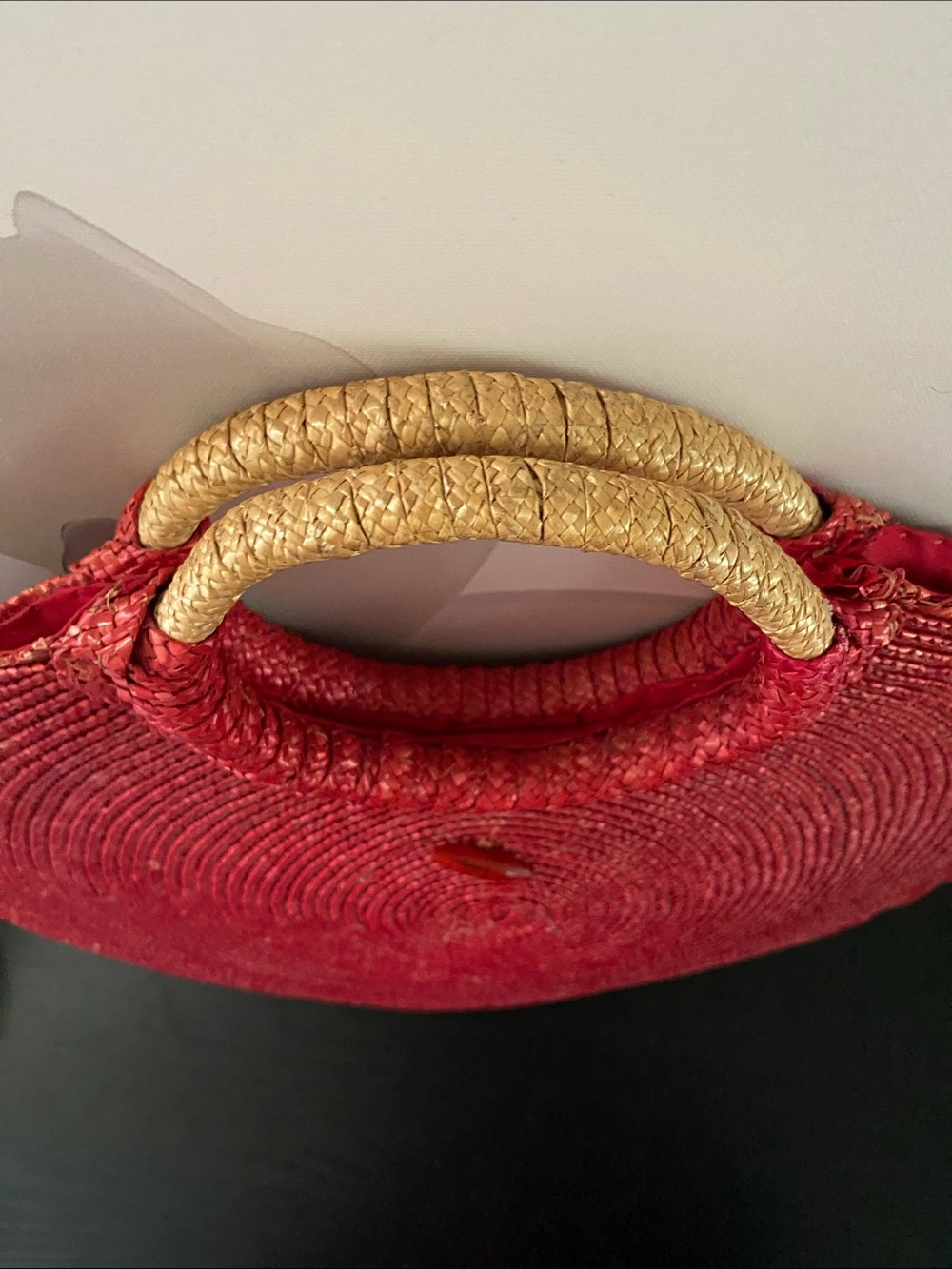 Vintage 80’s Round Boho Red Raffia Handbag - Picture 8 of 11